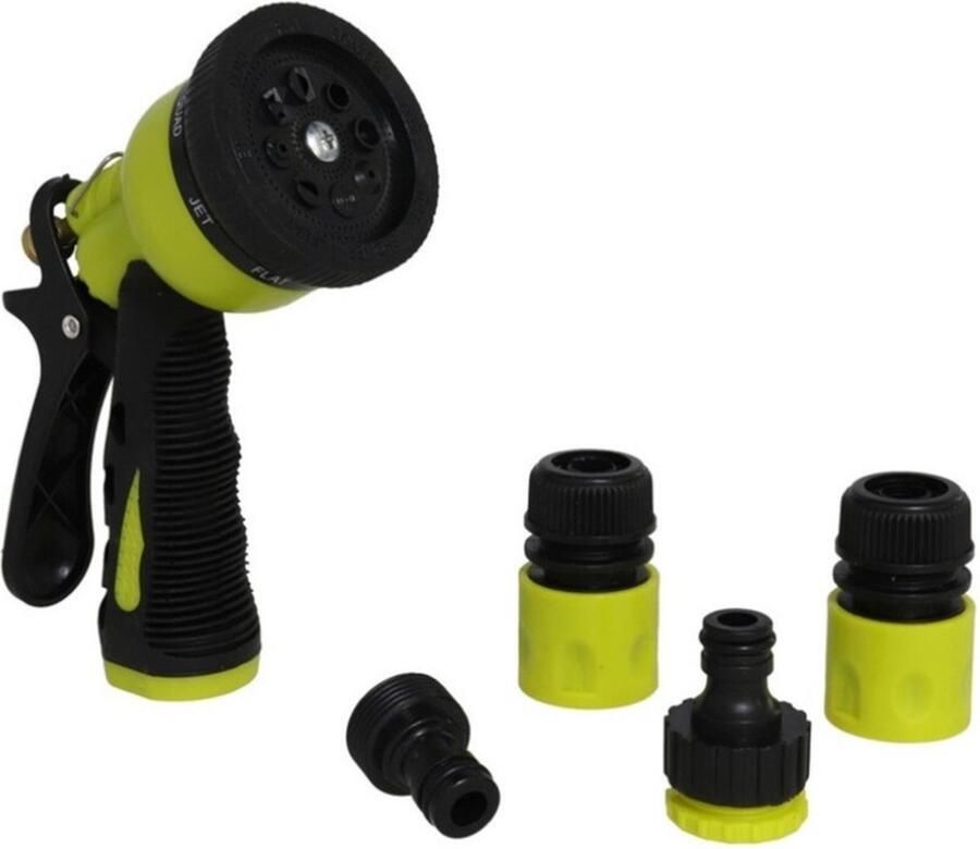 Pro Garden Tuinsproeier set 4-delig broeskop sproeipistool met aansluitstukken 16 cm plastic groen zwart