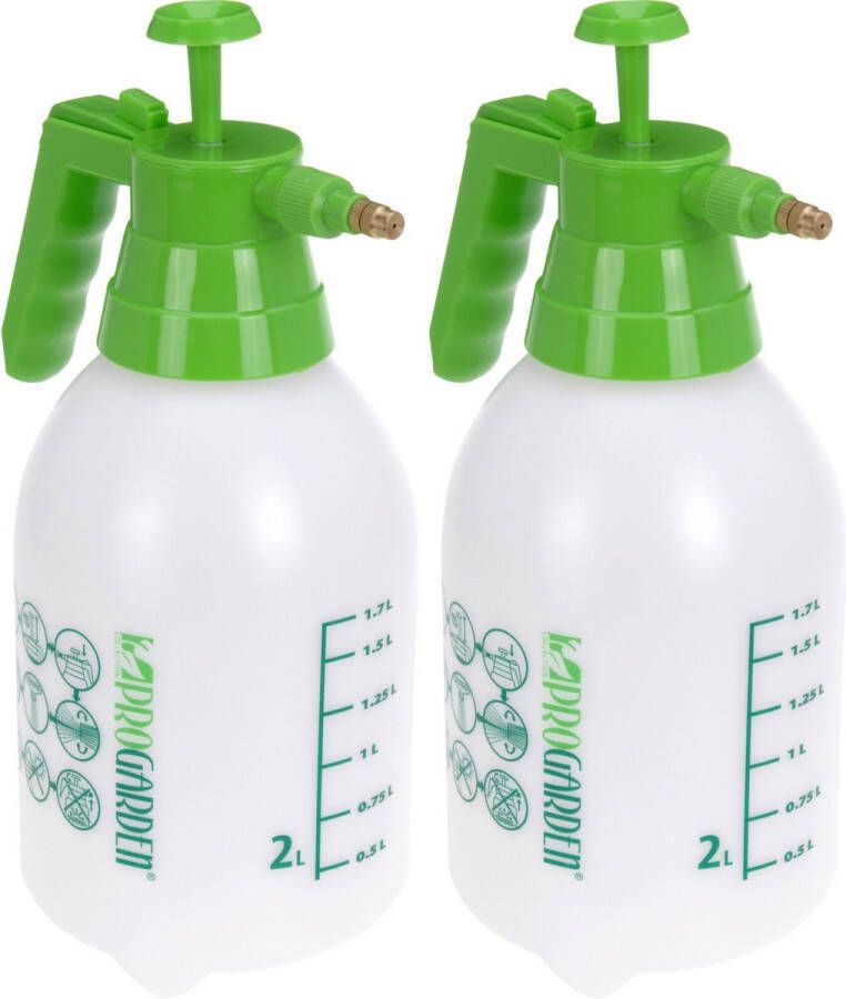 Pro Garden Set van 2x drukspuiten plantenspuiten met hand pomp wit groen 2 liter Waterverstuiver Plantensproeier