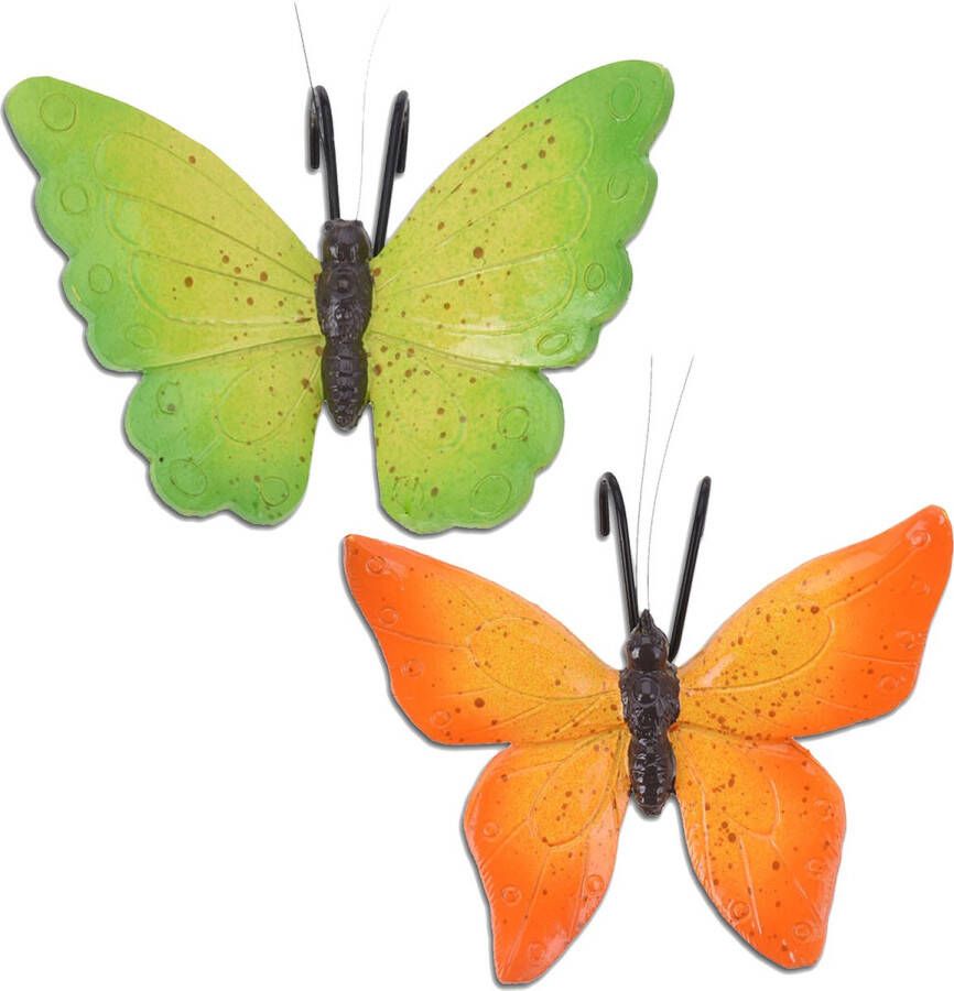 Pro Garden Tuindecoratie bloempothanger vlinder set 2x groen oranje kunststeen 13 x 10 cm Tuinbeelden