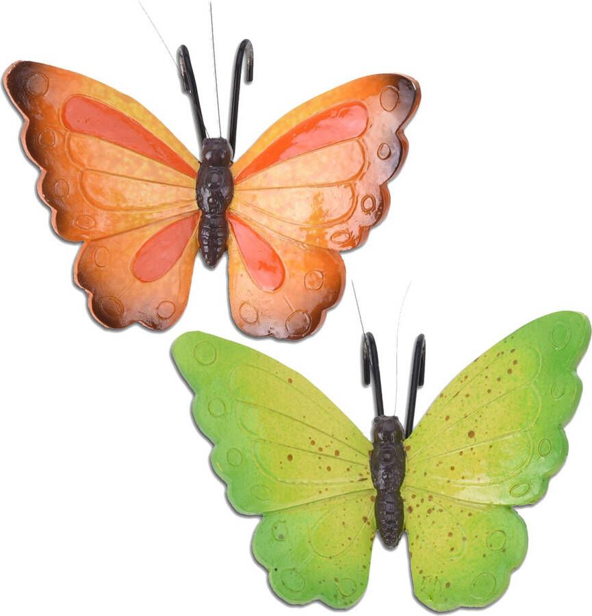 Pro Garden Tuindecoratie bloempothanger vlinder set 2x groen oranjerood kunststeen 13 x 10 cm
