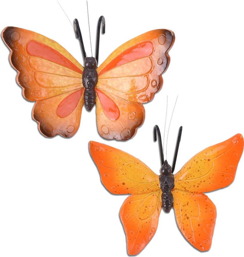 Pro Garden Tuindecoratie bloempothanger vlinder set 2x oranje oranjerood kunststeen 13 x 10 cm