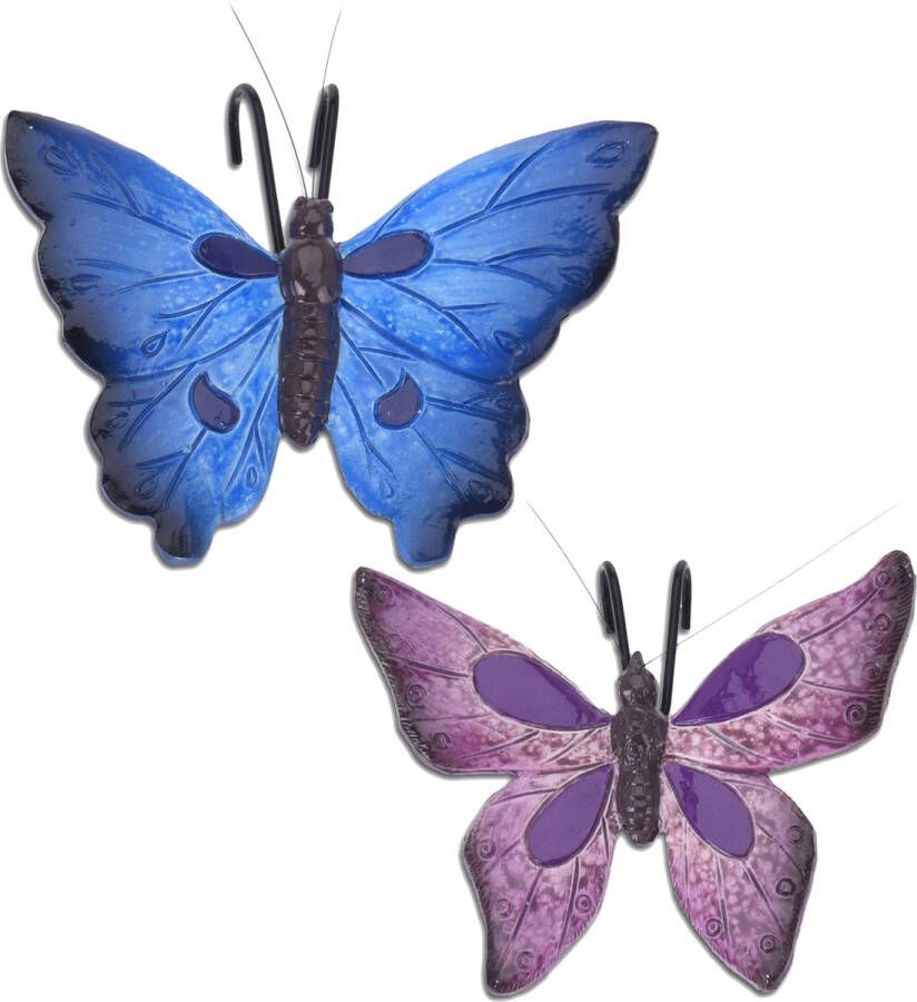 Pro Garden Tuindecoratie bloempothanger vlinder set 2x paars blauw kunststeen 13 x 10 cm