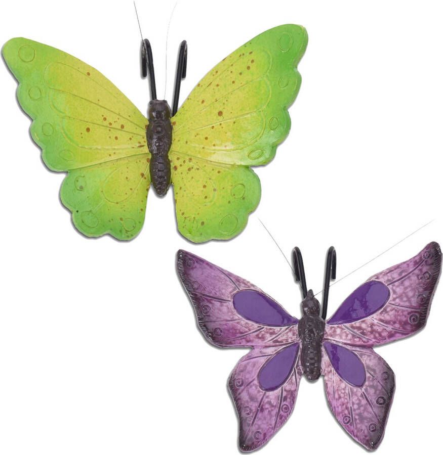 Pro Garden Tuindecoratie bloempothanger vlinder set 2x paars groen kunststeen 13 x 10 cm