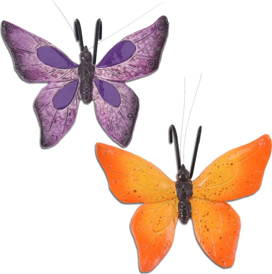 Pro Garden Tuindecoratie bloempothanger vlinder set 2x paars oranje kunststeen 13 x 10 cm Tuinbeelden