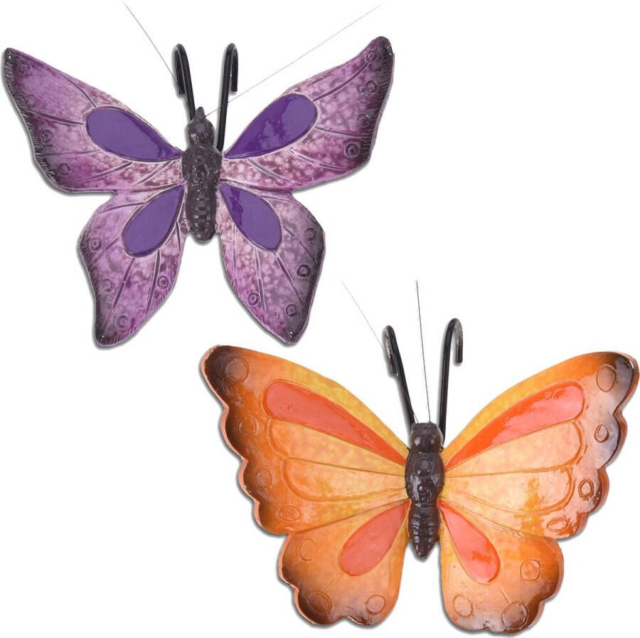 Pro Garden Tuindecoratie bloempothanger vlinder set 2x paars oranjerood kunststeen 13 x 10 cm Tuinbeelden