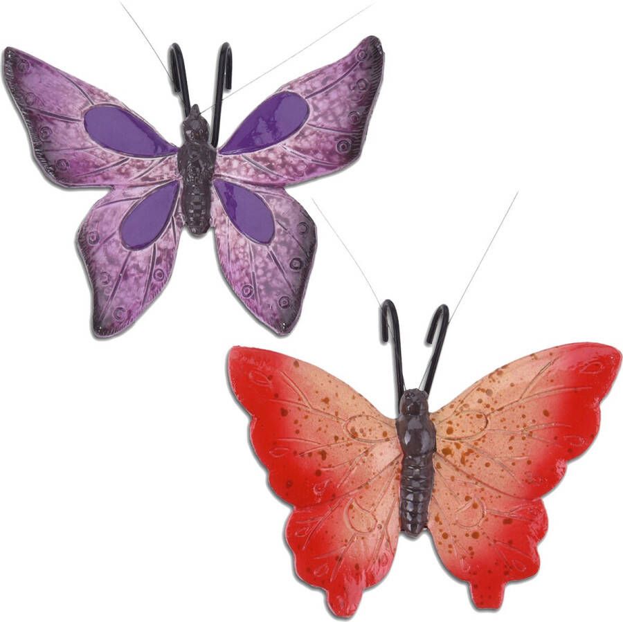 Pro Garden Tuindecoratie bloempothanger vlinder set 2x paars rood kunststeen 13 x 10 cm Tuinbeelden