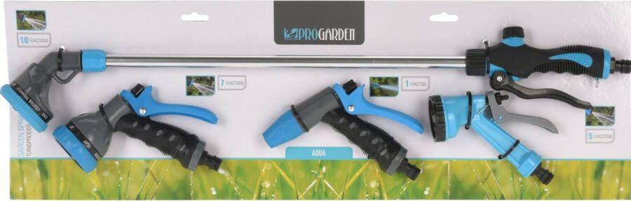 Pro Garden Tuinslang water geven sproeikoppen set zwart blauw 4 soorten kunststof