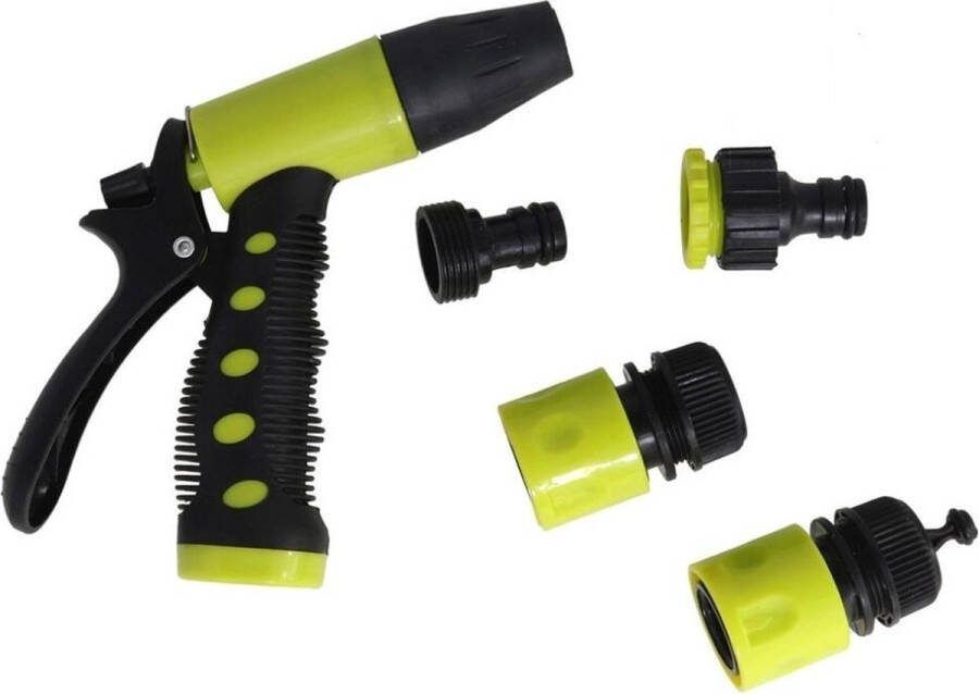 Pro Garden Tuinsproeier set 4-delig spuit sproeipistool met aansluitstukken 14 cm plastic groen zwart 4 standen