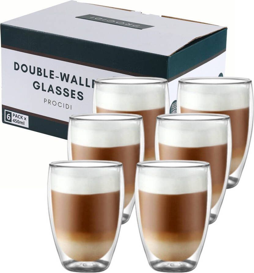 Procidi Dubbelwandige Glazen Theeglazen 450 ml 6 stuks Latte Macchiato Cappucino Glazen Koffieglazen Dubbelwandig Koffietassen Vaatwasserbestendig