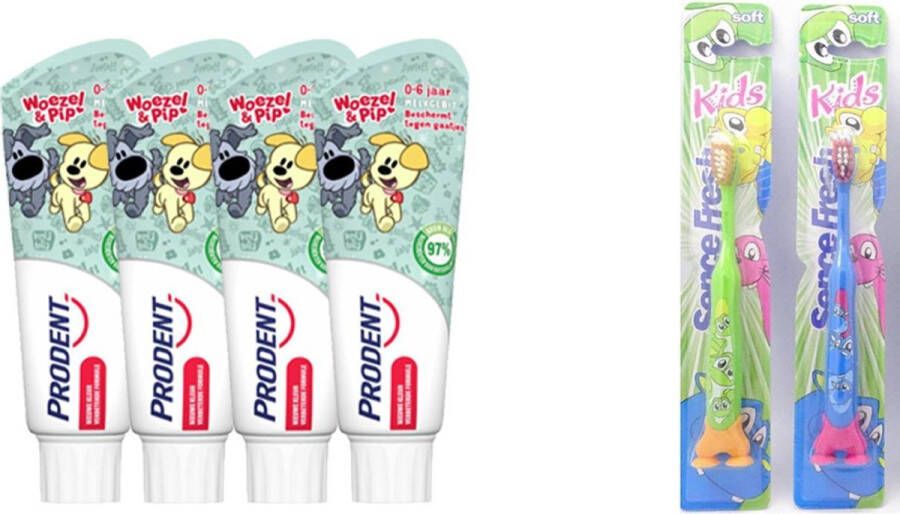 Prodent Tandpasta Woezel & Pip 0-6 jaar blauw 4x en 2 x tandenborstels Kids Soft