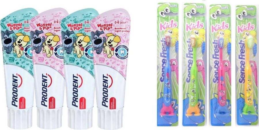 Prodent 4x Tandpasta 0-6 Woezel en Pip met 4x tandenborstel -zandloper 2 min