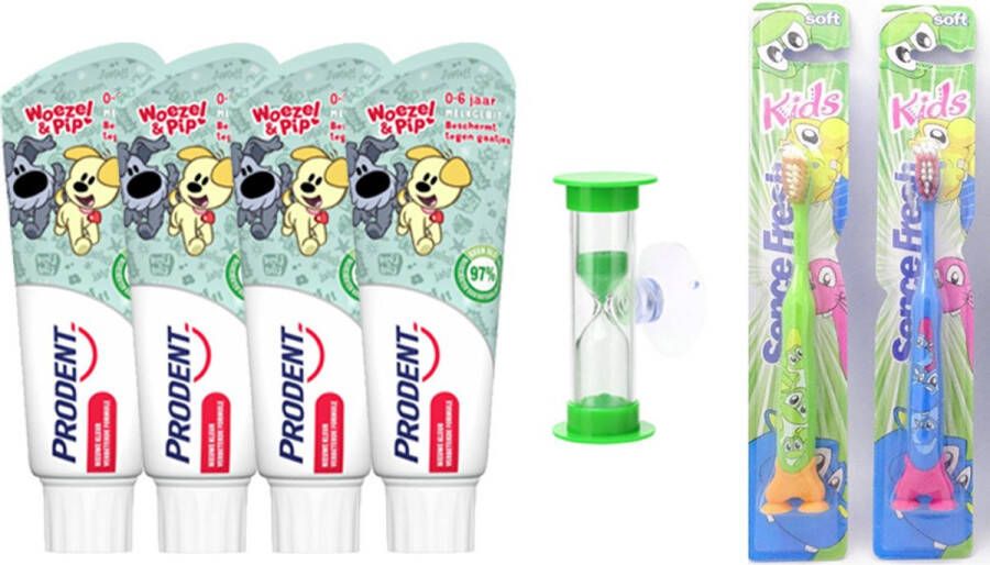 Prodent 4x Tandpasta Woezel & Pip 0-6 jaar + 4 tandenborstels Kids Soft met zandloper ( groen )