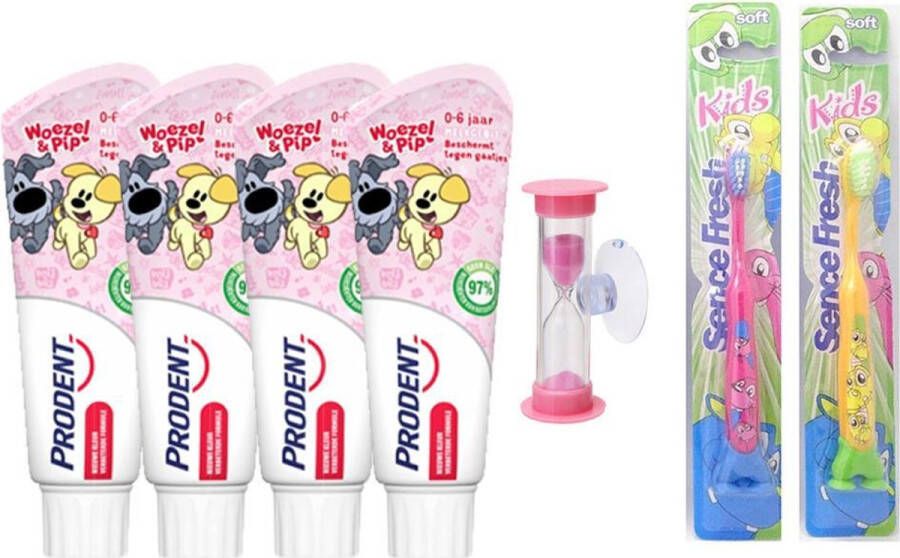 Prodent Woezel & Pip 0-6 jaar tandpasta 4 Stuks+ Sencefresh Tandenborstel Soft Kids 2 Stuks + Een zandloper