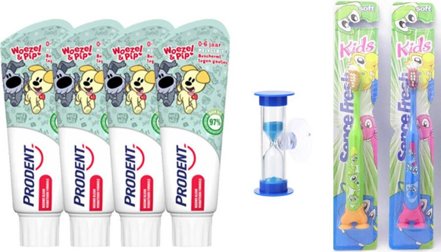 Prodent 4x Woezel & Pip 0-6 jaar tandpasta 2x Sencefresh Tandenborstel Soft Kids zandloper 2 min
