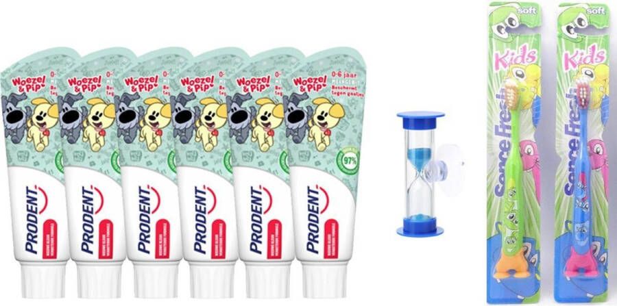Prodent 6x Tandpasta Woezel & Pip 0-6 jaar + 2 tandenborstels Kids Soft + blauwe zandloper