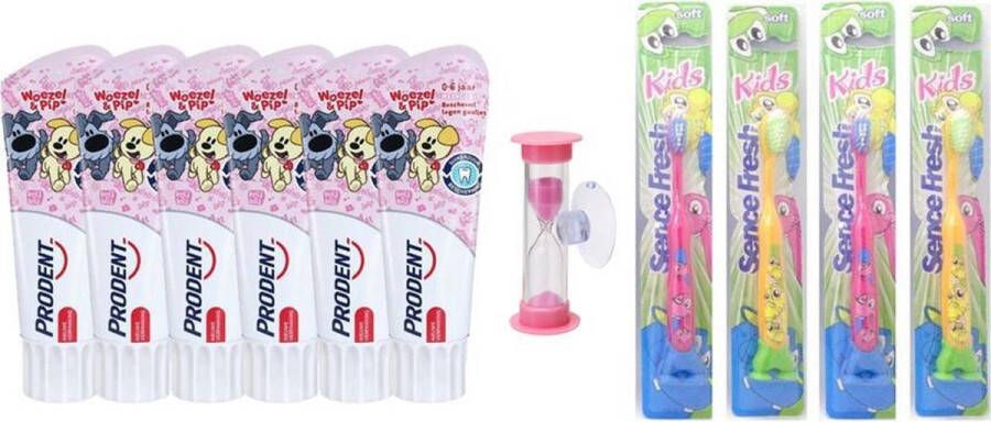 Prodent 6x Tandpasta Woezel & Pip 0-6 jaar + 4 tandenborstels Kids Soft (roze) met roze zandloper