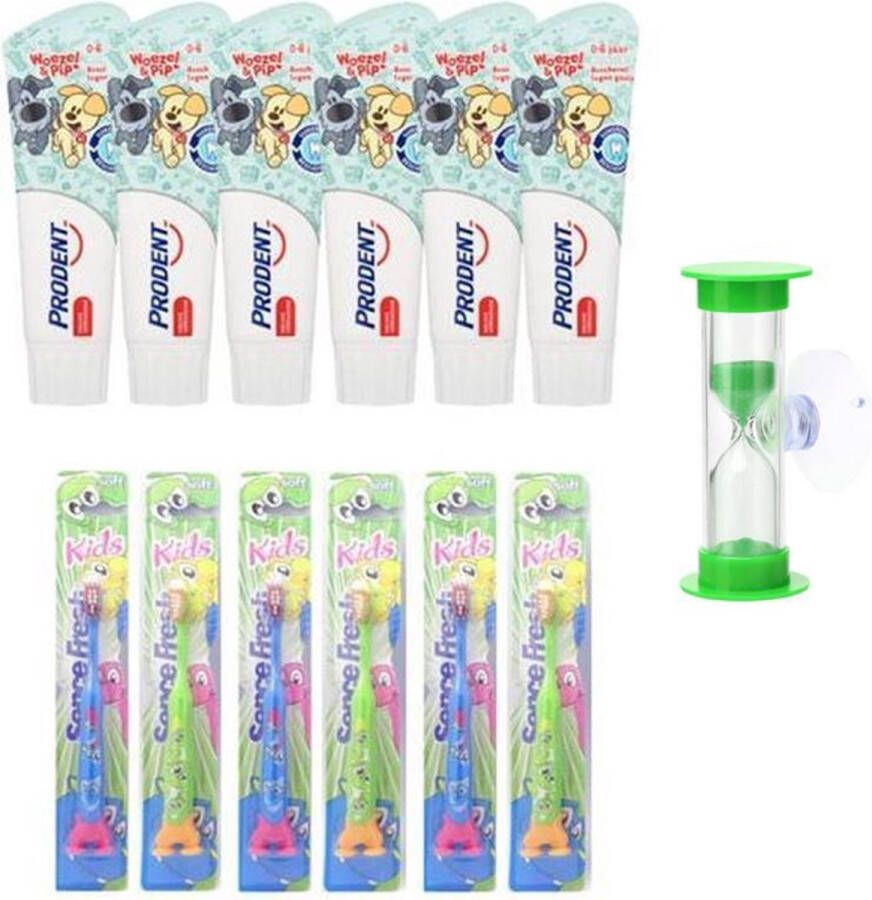 Prodent 6x Tandpasta Woezel & Pip 0-6 jaar + 6 x tandenborstels Kids Soft en zandloper (groen)