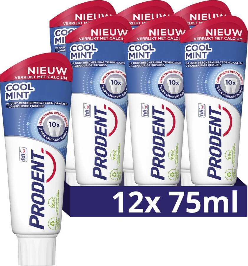 Prodent Tandpasta Cool Mint 10x verbeterde bescherming tegen (suiker)zuren** voor optimale tandverzorging 12 x 75 ml