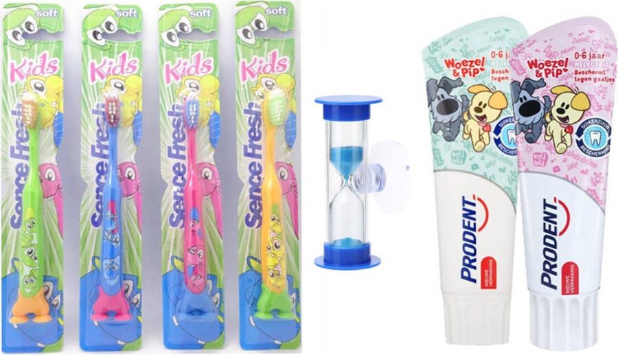 Prodent Sencefresh Tandenborstel Soft Kids 4 stuks + 2 Woezel & Pip 0-6 jaar tandpasta- zandloper 2 min