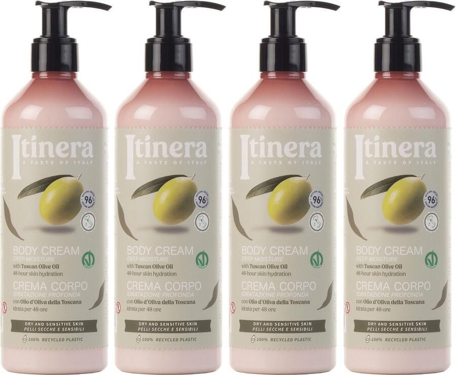 PRODUKT ITINERA Hydraterende Bodylotion voor Droge en Gevoelige Huid met Toscaanse Olijfolie 96% Natuurlijke Ingrediënten 370 mlx4