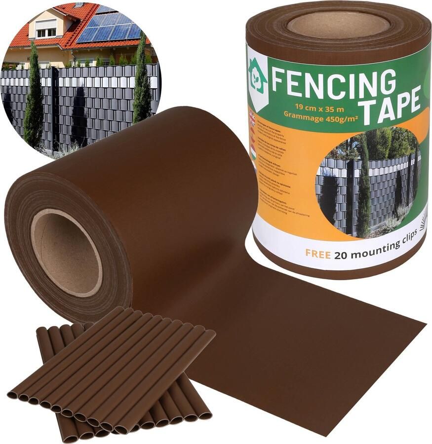 PRODUKT Schaduwrijke Vlechtband Hekwerk beschermingsscherm UV 19 cm x 35 m 450g m2 + 20 bevestigingsclips