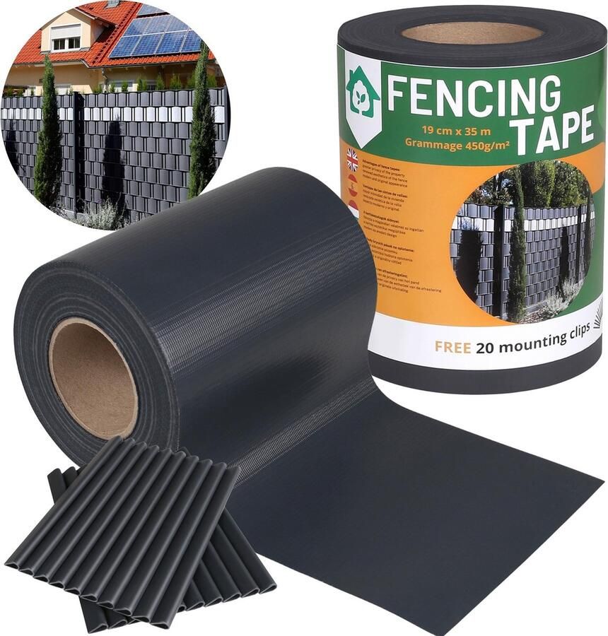 PRODUKT Schaduwrijke Vlechtband Hekwerk beschermingsscherm UV 19 cm x 35 m 450g m2 + 20 bevestigingsclips