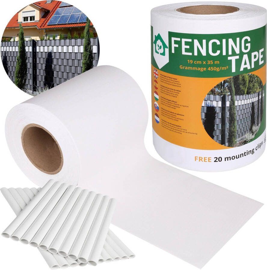 PRODUKT Schaduwrijke Vlechtband Hekwerk beschermingsscherm UV 19 cm x 35 m 450g m2 + 20 bevestigingsclips