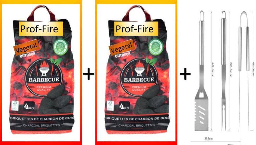 Prof-Fire 2 X Zak Professionele BBQ Briketten 4 Kg + 1 Set Professionele BBQ Tangen