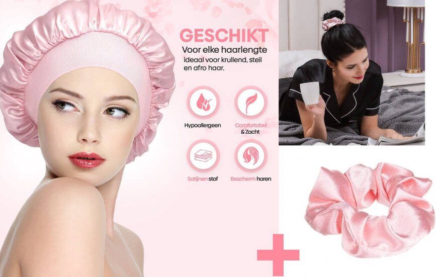 Professor Q Satijnen Slaapmuts Satijn Inclusief Roze Scrunchie Dames Satin Bonnet Satijnen Bonnet Pure Pink