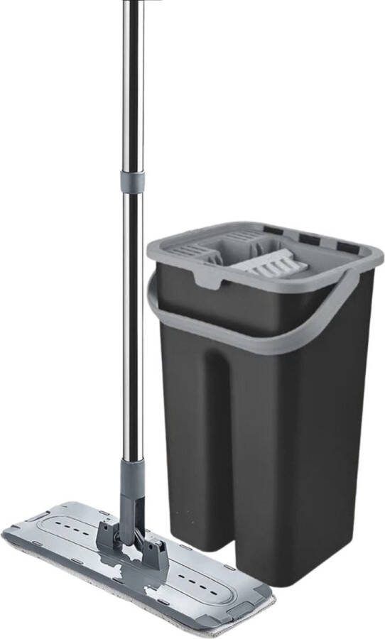 Proff Style Dweilsysteem Vlakmop Systeem Schoonmaak Set Met Telescoopsteel 180° Draaisysteem Met Microvezelmop Compacte 2-delige Emmer 9 Liter