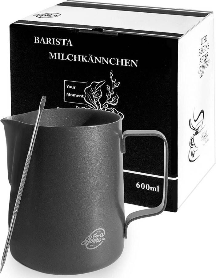 Pro@Home43 Barista RVS melkkan zwart antraciet 600 ml (ook 350 ml) met latte art pen melkschuimkan in geschenkverpakking