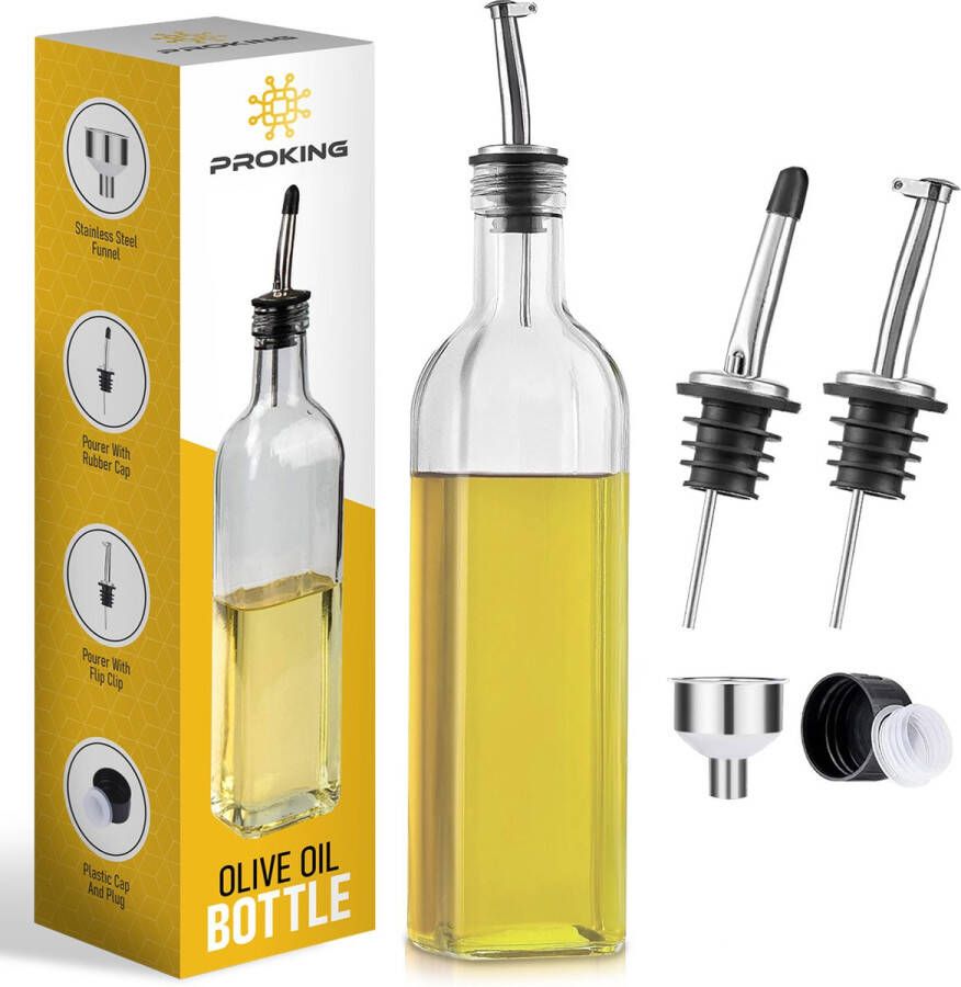 PROKING Olijfolie Fles met Schenktuit – Olijfoliefles – Schenktuit Olijfolie – Glazen Oliefles – Inclusief Schenktuit Dop & Trechter – 500 ml