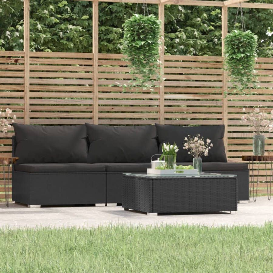 Prolenta Premium 4-delige Loungeset met kussens poly rattan zwart Huis en Tuin