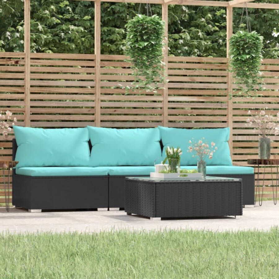 Prolenta Premium 4-delige Loungeset met kussens poly rattan zwart Huis en Tuin