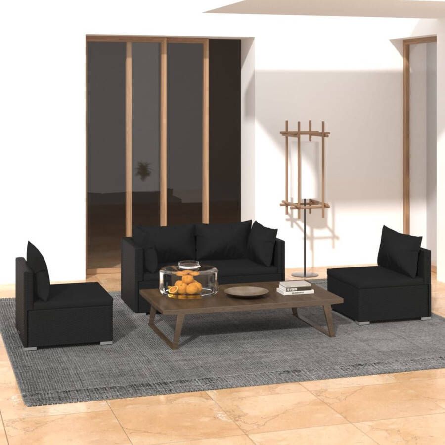 Prolenta Premium 4-delige Loungeset met kussens poly rattan zwart Huis en Tuin