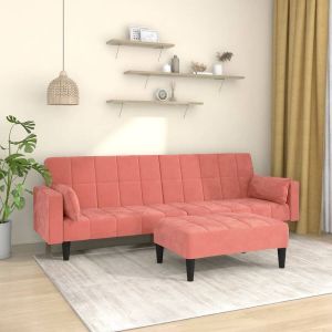 Prolenta Premium Slaapbank 2-zits met 2 kussens en voetenbank fluweel roze Huis en Tuin