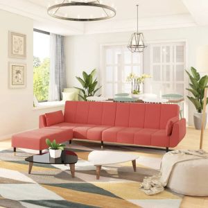 Prolenta Premium Slaapbank 2-zits met hocker en 2 kussens fluweel roze Huis en Tuin