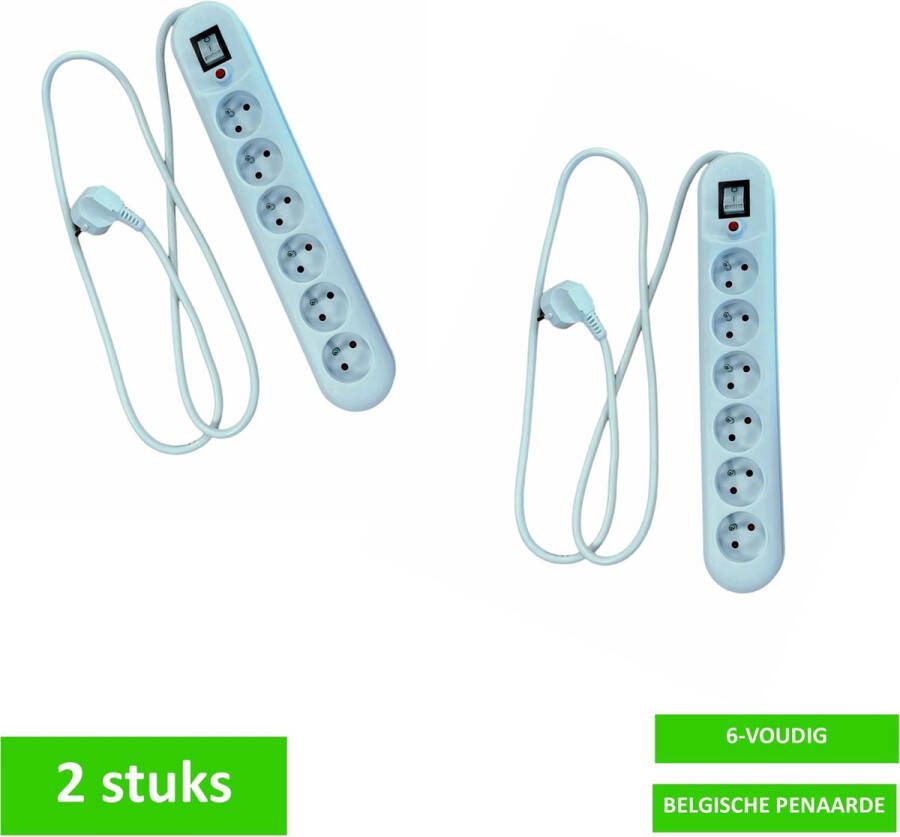 PROmax Stekkerdoos 6 voudig Schakelaar BELGISCHE PENAARDE 1.5 mtr kabel 3 x 1.5 mm² 3680 watt Wit 2 STUKS