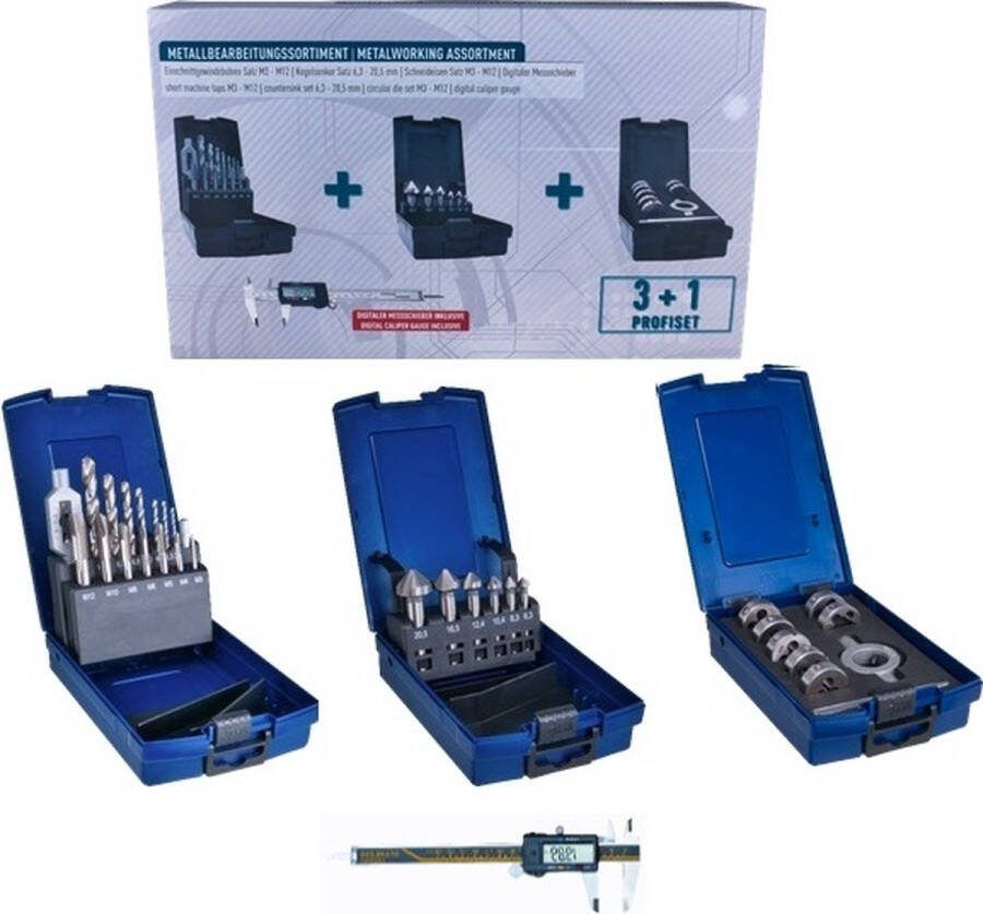 PROMEGA EVOLUTION VERZINKER MACHINETAP SPIRAALBOOR SNIJKUSSEN SET 6.3-20.5 + M3-M12 + 2.5-10.2 MM + SCHUIFMAAT