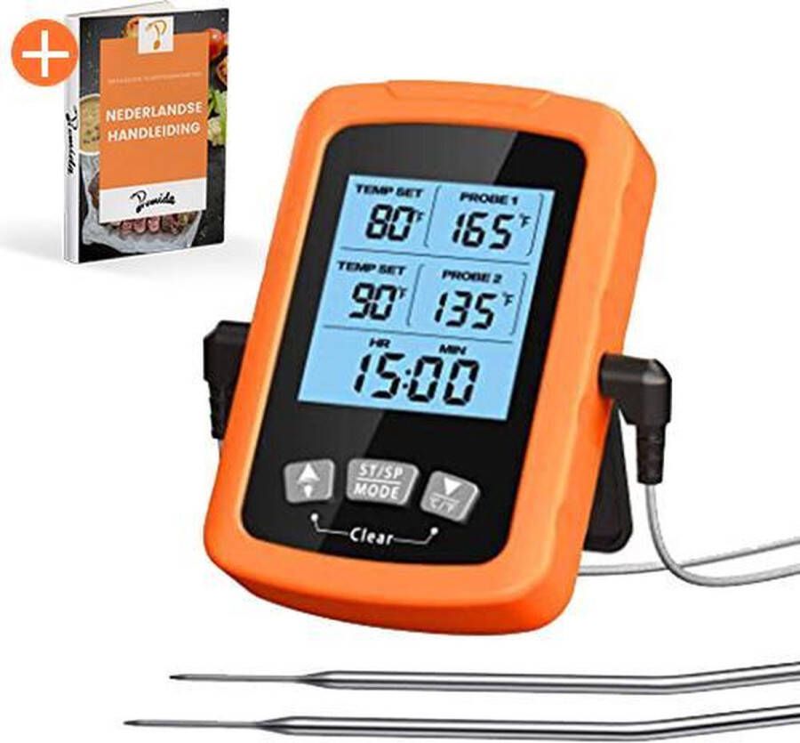 Promida Vleesthermometer Dubbele Sonde BBQ thermometer Oranje met Timer Kernthermometer Suikerthermometer Kookthermometer