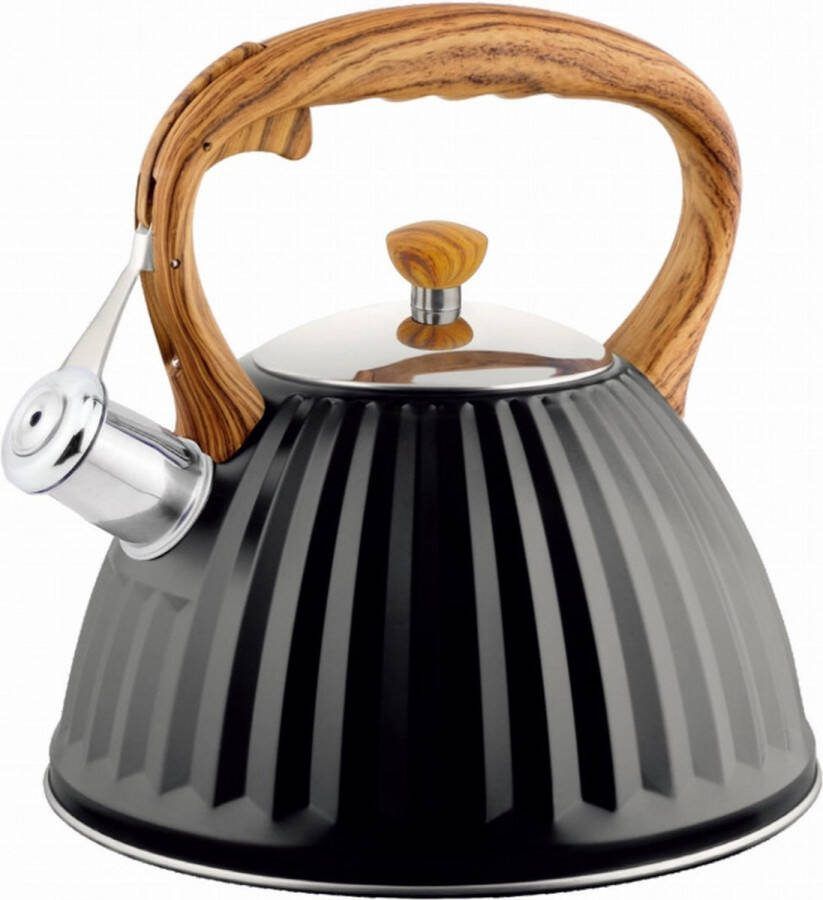 Promis Antonio Fluitketel Inductie Gas 3 L Staal Zwart met Houten handgreep Geschikt voor alle Warmtebronnen Waterketel