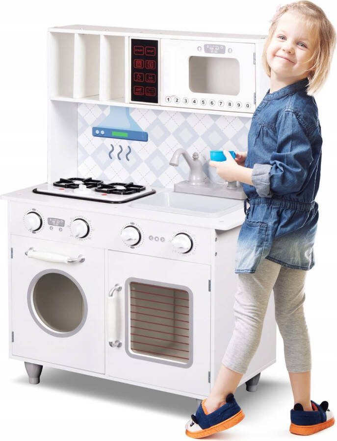 Promis Houten Keuken Speelgoed Speelkeuken Kinderkeuken Speelkeukentje 84x30x58 cm Wit met Licht en Geluid