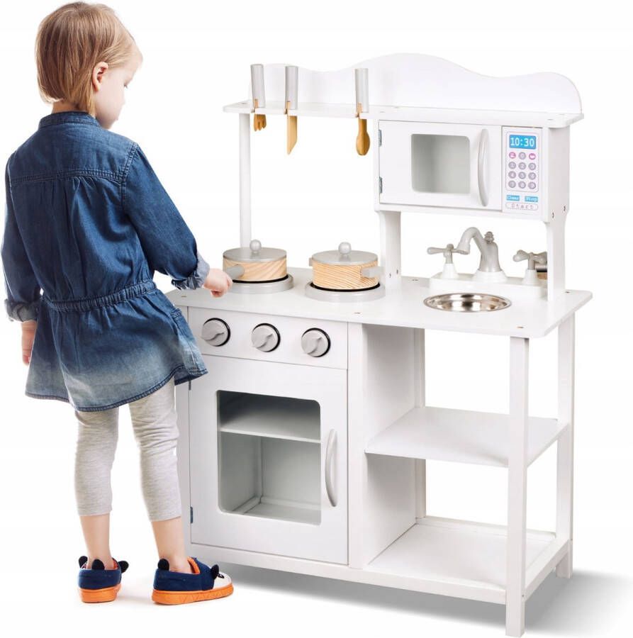Promis Houten Keuken Speelgoed Speelkeuken Kinderkeuken Speelkeukentje Inclusief Keukengerei 85x30x60 cm Wit