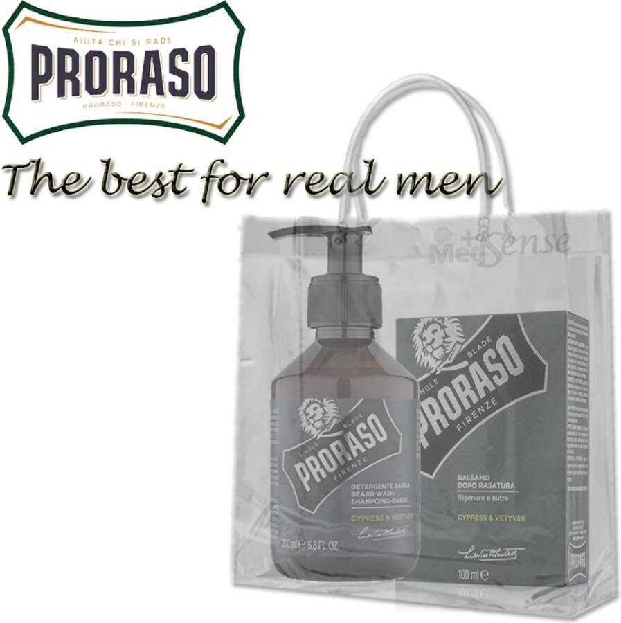 Proraso Baardverzorging: Cypress & Vetyver shampoo 200ml en Aftershave Balm 100ml in een tasje