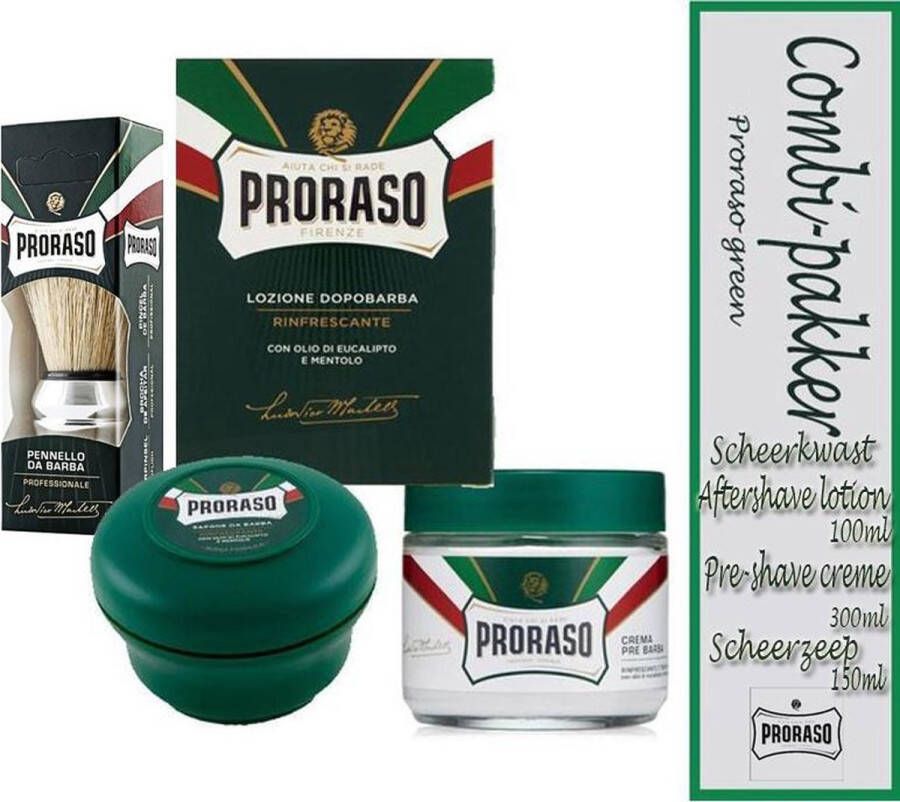 Proraso green pakket- Aftershave lotion pre-shave crème en scheerzeep en scheerkwast Vaderdag Vaderdagcadeau