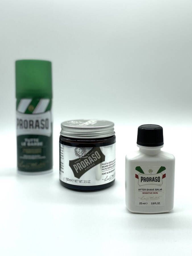 Proraso scheerset scheerschuim 100ml Scrub Mint & Rosemary 100 ml + travel afters shave balm 25ml