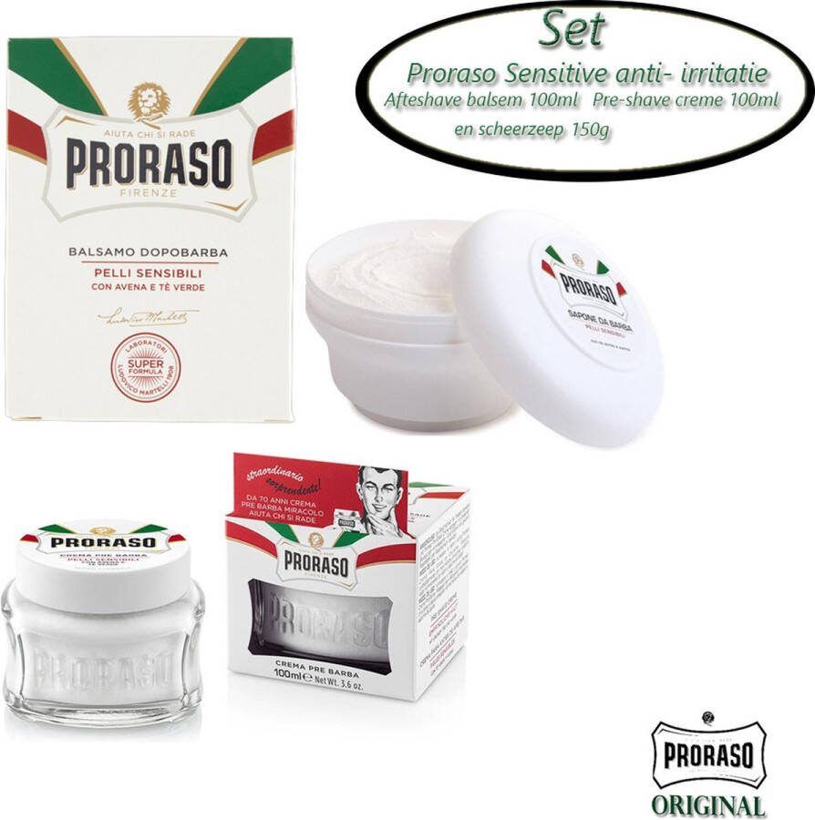 Proraso white pakket- Aftershavebalsem anti- irritatie Pre Shave Crème en scheerzeep 150g in een practisch toilettasje