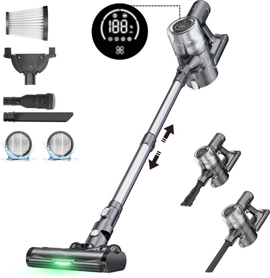 Proscenic P13 snoerloze stofzuiger 35Kpa zuigkracht steelstofzuiger met groen licht LED-display max. 45 minuten gebruikstijd 1 2 l stofbak antiklitrolborstel 5-laags filtratiesysteem voor dierenhaar harde vloer en tapijt grijs EU-stekker