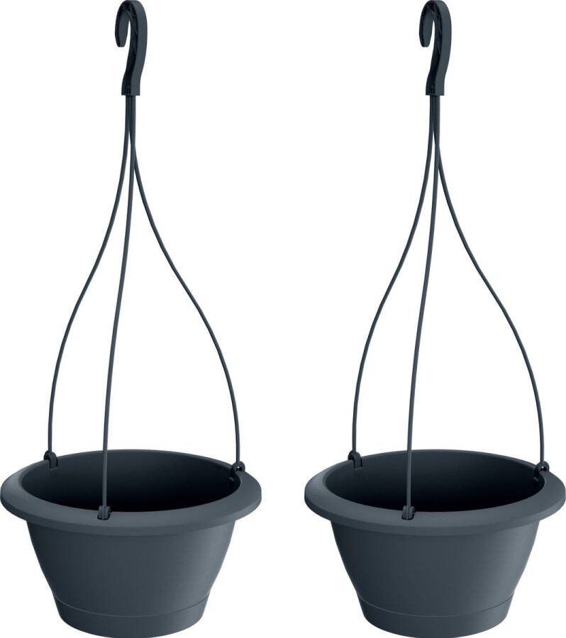 Prosperplast 2x Antraciet ophang Respana kunststof bloempotten plantenpotten met kunststof haak 23 cm Tuin huis hangdecoratie bloempot