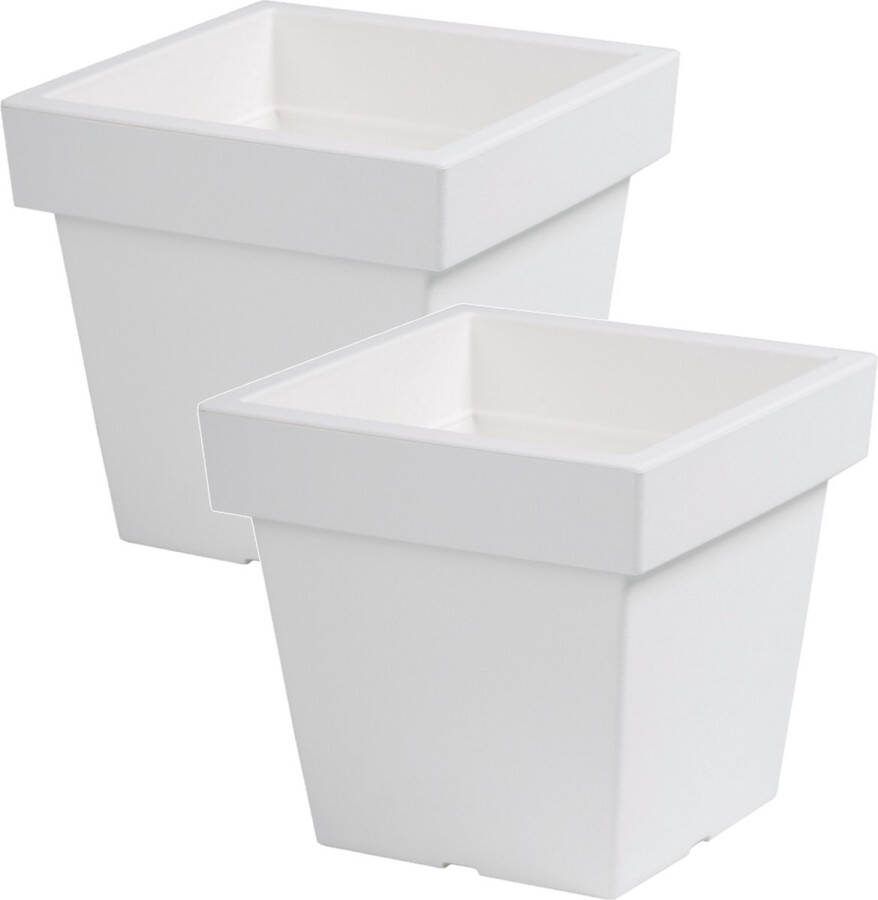 Prosperplast 2x Kunststof vierkante bloempotten plantenpotten 20 cm wit Bloempotten voor binnen en buiten
